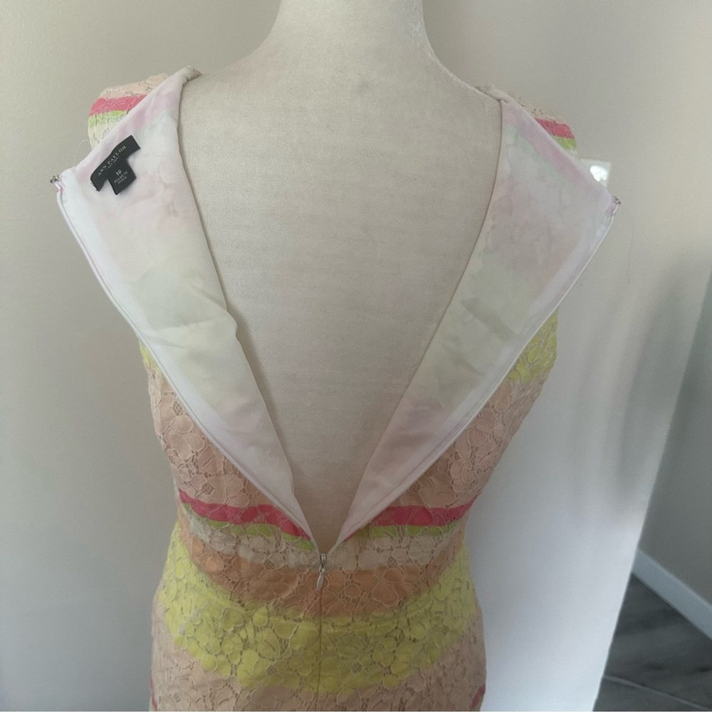 ANN TAYLOR Lace Sheath Dress~Pink Yellow Stripe~Sleeveless Lined Midi 10 - Picture 7 of 10